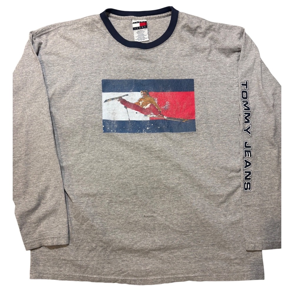 Vintage Tommy Jeans Ski Graphic Long Sleeve Shirt Gray Mens Large‎ 90s Hilfiger